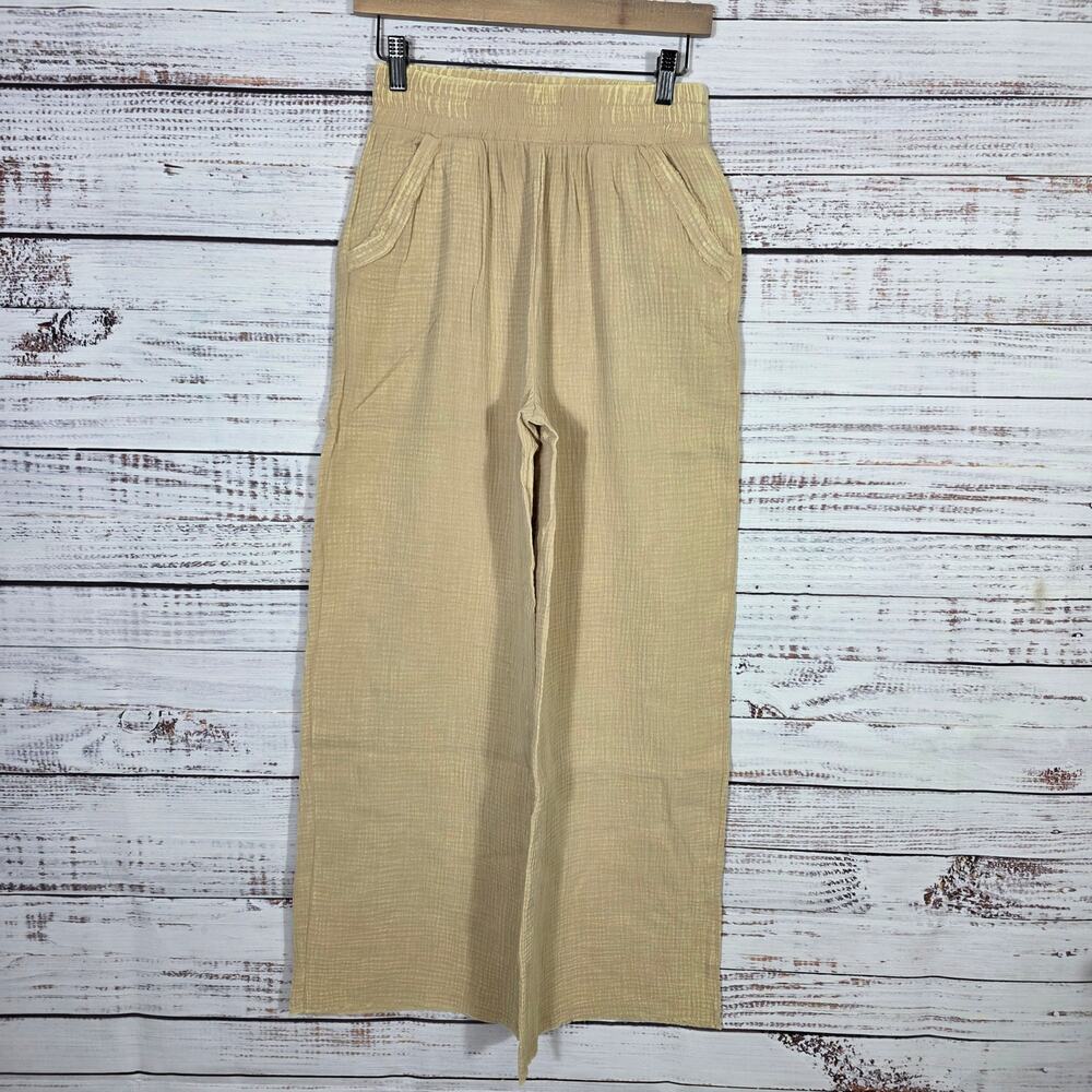 Zenana Wide-Leg Cotton Gauze Pants in Beige Women's size Small NEW